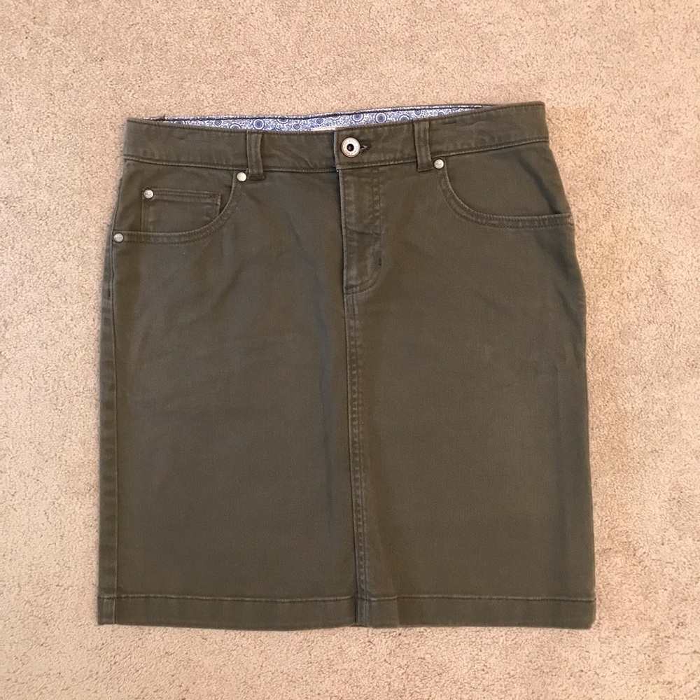 Vintage Izod Denim Skirt Olive Green Size 8 Stretch Cotton Knee Length Office